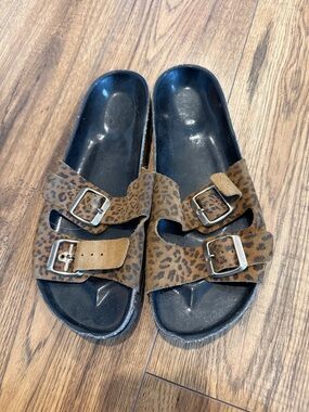 Leopard Print Double Buckle Slide Sandals - Brown/Black